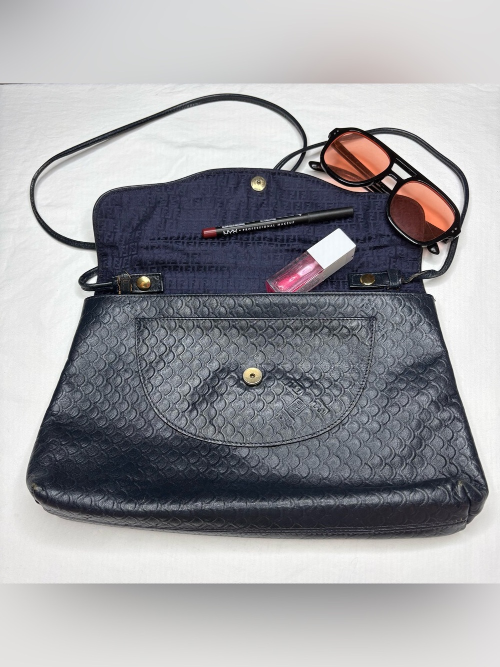 Rare Vintage Fendi Crossbody | Late 70’s | Navy Embossed Leather | Made in Italy